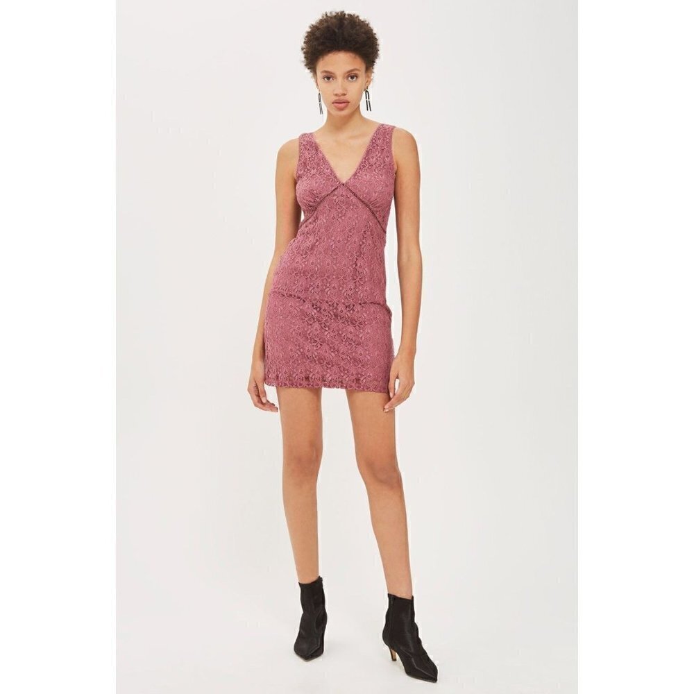 Topshop Dress Women's Size 6 Purple All Over Lace W/ Back up Mini Bodycon